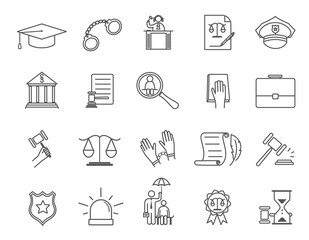 Large set of line drawn black and white vector icons for law enforcement, courtroom, punishment and justice for use as design elements