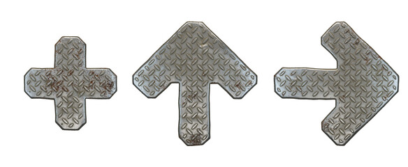 Set of symbols plus, up arrow and right arrow made of industrial metal on white background 3d