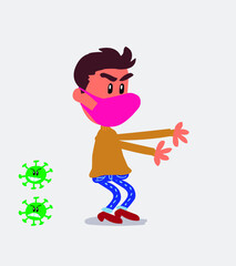 Very angry  young man dressed casually  with mask and virus COVID pointing at something
