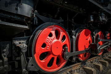 The wheels of the steam train are on the rails