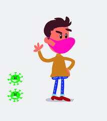  young man dressed casually  with mask and virus COVID waving while smiling
