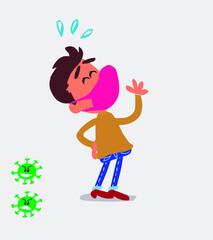  young man dressed casually  with mask and virus COVID laughing happily
