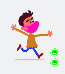  young man dressed casu young man dressed casually  with mask and virus COVID running angry


