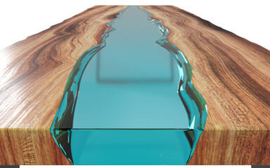 Live edge wooden table with epoxy resin on a white background. 3D rendering - obrazy, fototapety, plakaty