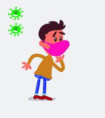  young man dressed casually  with mask and virus COVID unpleasantly surprised
