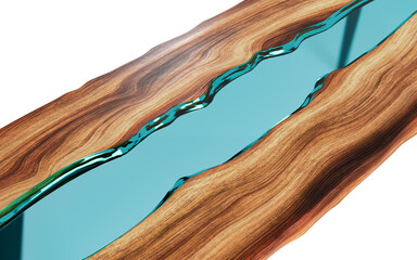 Live edge wooden table with epoxy resin on a white background. 3D rendering