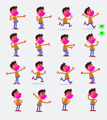 Cartoon character young man dressed casually with mask and virus COVID in smart casual style. Set with different postures, attitudes and poses, doing different activities in isolated vector illustrati