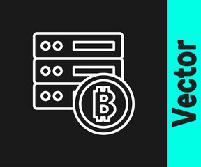 White line Server bitcoin icon isolated on black background. Vector.