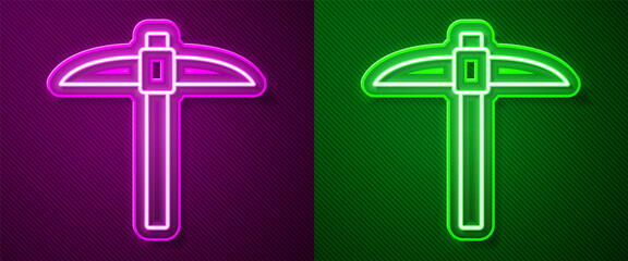 Glowing neon line Pickaxe icon isolated on purple and green background. Blockchain technology, cryptocurrency mining, bitcoin, digital money market, cryptocoin wallet. Vector.