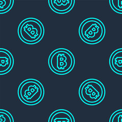 Green line Cryptocurrency coin Bitcoin icon isolated seamless pattern on blue background. Physical bit coin. Blockchain based secure crypto currency. Vector.