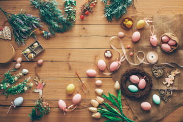 Easter eggs. Easter colored eggs. Concept. Wooden background. 