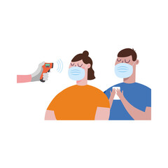 Hand holding thermometer gun checking man and woman temperature vector design