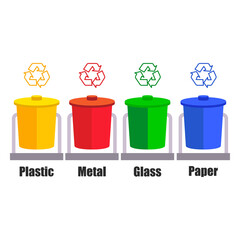 colored trash cans blue red with metal, paper, plastic, glass and organic waste suitable for reuse reduce recycle. waste sorting garbage. vector illustration