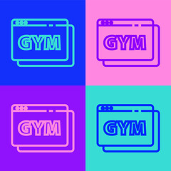 Pop art line Online fitness and training icon isolated on color background. Vector.