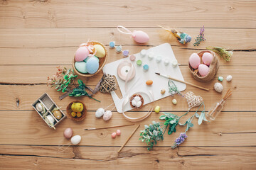 Easter eggs on wooden background. Easter concept. 