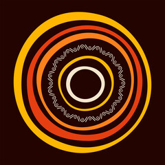 Stylized sun. Australian art. Aboriginal painting style. Smooth round shapes, circles isolated on dark background. Doodle sketch style. Minimalistic graphic print. Vector color illustration.