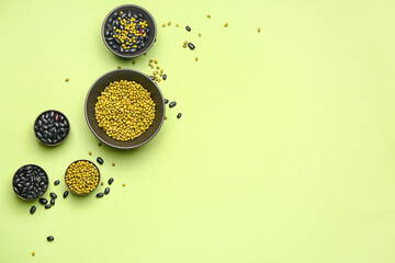 Different raw legumes on color background