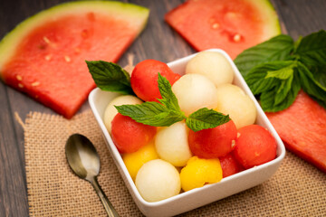 Fruit salad made of watermelon, melon, and honeydew 