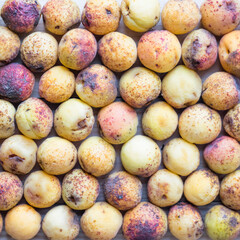 Trendy ugly organic fruit apricots on the table. Top view, horizontal orientation
