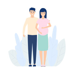 Two parents expecting baby. Pregnant wife and husband standing together. Beauty cute family. Happy young couple vector illustration isolated on white. Cute pregnant woman caressing her belly. 