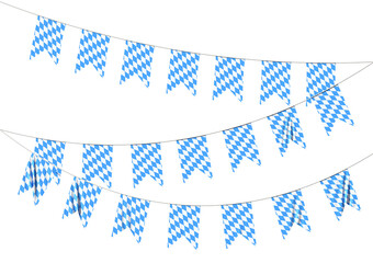 Bavarian party flags garland with checkered pattern isolated on white.