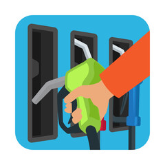 hand holding gasoline pistol pump fuel nozzle. vector illustration