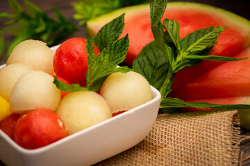 Fruit salad made of watermelon, melon, and honeydew 