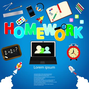 Homework and learning concept vector illustration of sudents using laptop and smartphone mobile app for distance studying and education. 