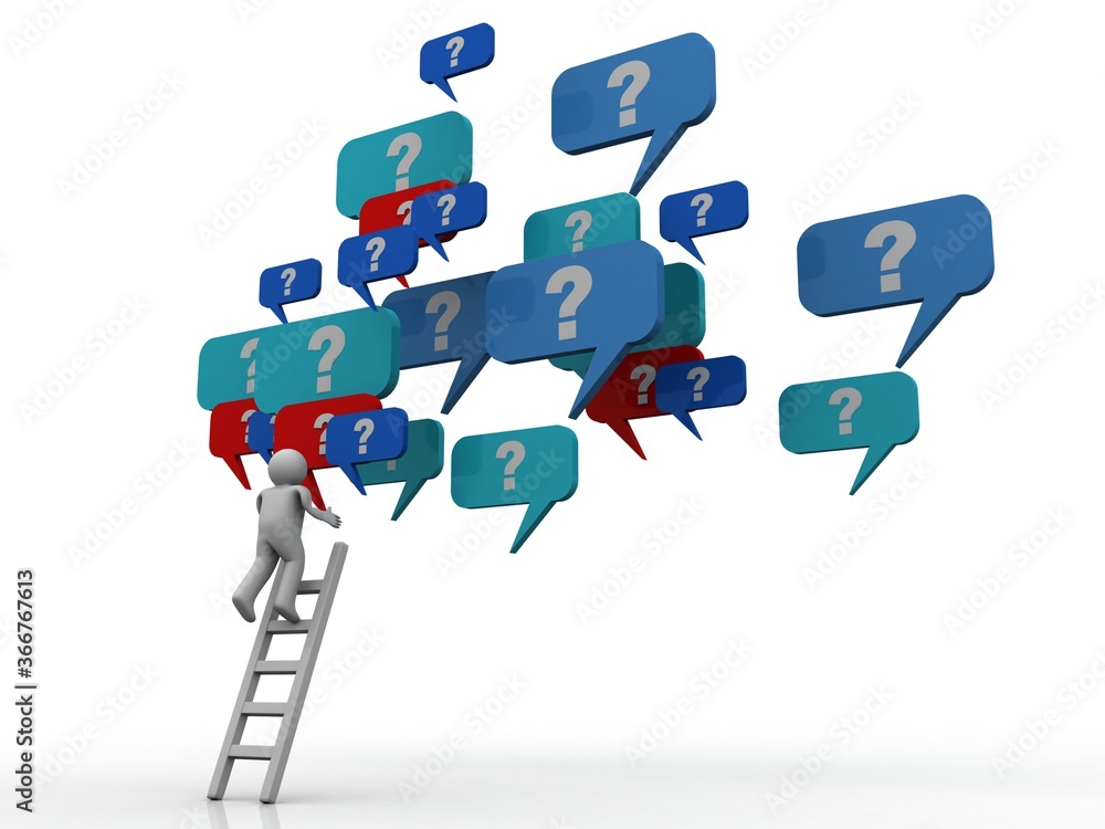 Poster 3d rendering question mark in speech bubble near ladder