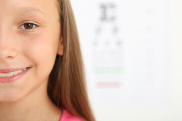 Cute little girl checks eyesight with an ophthalmologist. eyesight test