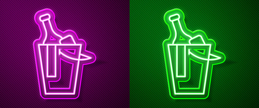 Glowing neon line Bottle of wine in an ice bucket icon isolated on purple and green background. Vector.
