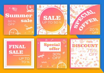 Set of sale banners. Collection of summer sale posters. Flyer templates for web advertising, mobile application, printing. Discount promo background. Trendy memphis style. Bright flyers.