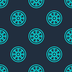 Green line Old wooden wheel icon isolated seamless pattern on blue background. Vector.