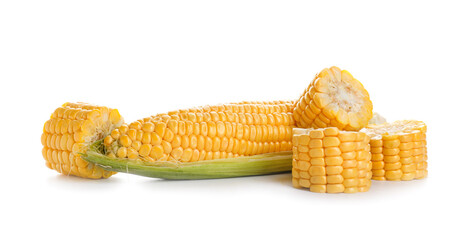 Fresh corn cobs on white background