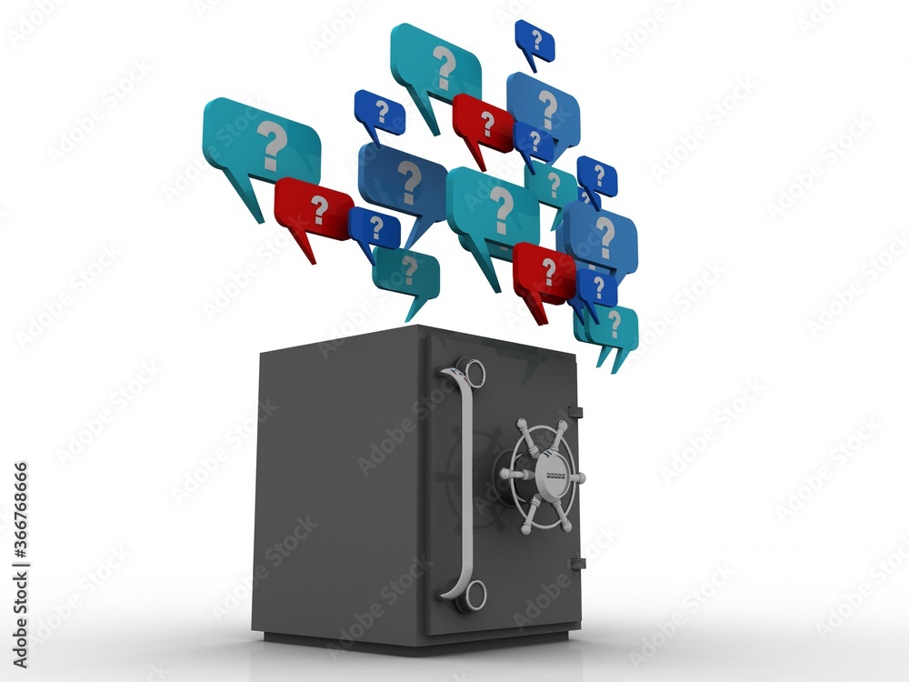 Poster 3d rendering question mark in speech bubble with metal locker
