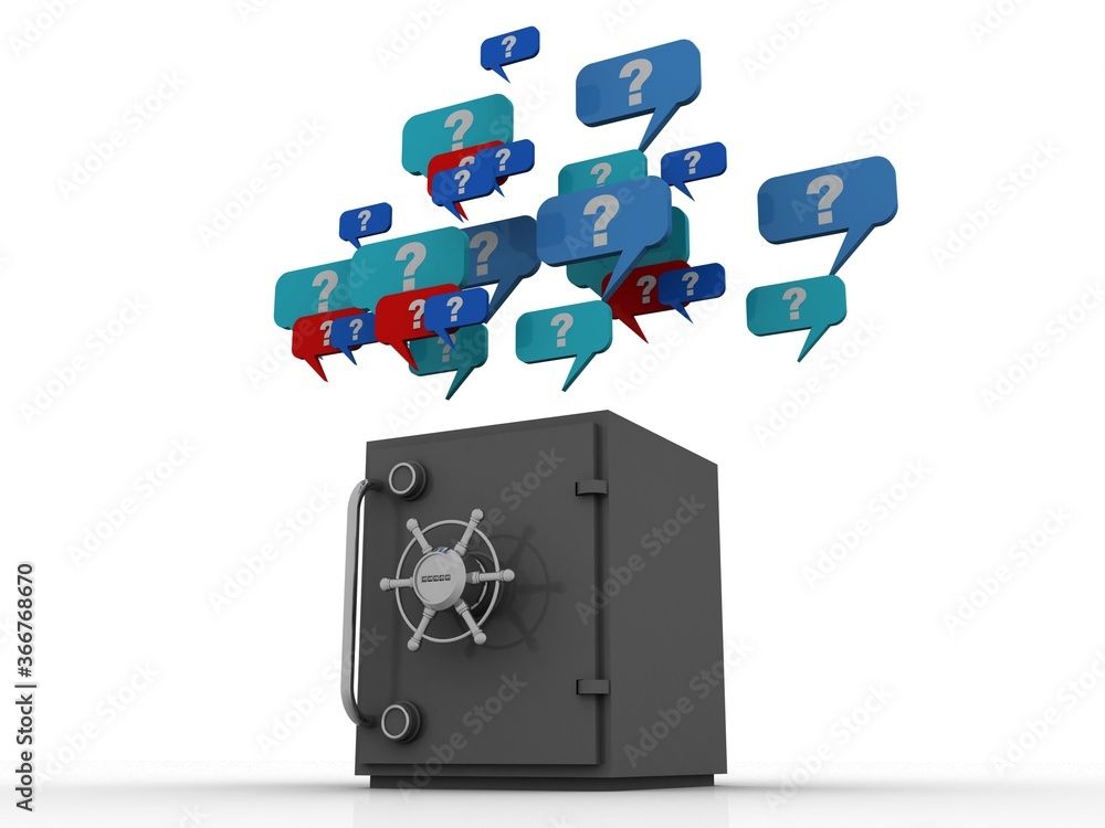 Poster 3d rendering question mark in speech bubble with metal locker