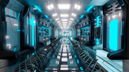 Blue sci-fi spaceship corridors Science background  interior room  © NanEstalrosa