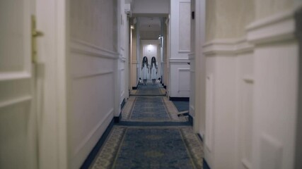 Nightmarish ghosts of twin girls standing in empty hallway, haunted hotel horror