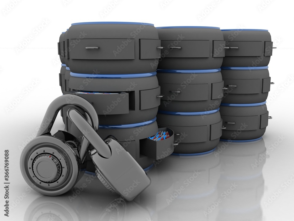 Poster 3d illustration database storage security concept. disk with lock