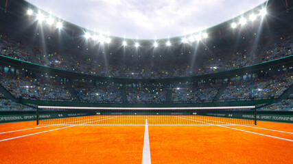 Orange clay tennis court and illuminated outdoor arena with fans, player front view, professional tennis sport 3d illustration background.