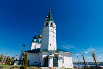 Ancient Orthodox Christian Church in Russia on the banks of the Volga river on a summer day