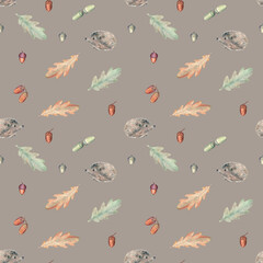 Autumn seamless pattern with a cute hedgehog, oak leaves and acorns on a deep grey background. Watercolor illustration. 