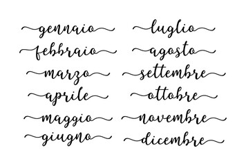 Scritto a mano mesi dell'anno. Gennaio, Febbraio, Marzo, Aprile, Maggio, Giugno, Luglio, Agosto, Settembre, Ottobre, Novembre, Dicembre. Scritte per calendario, organizzatore, pianificatore.