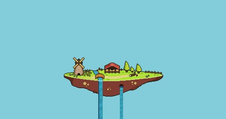 Pixel art floating island in the sky. 8-bit animation with mill, plantation, river and trees. - Powered by Adobe