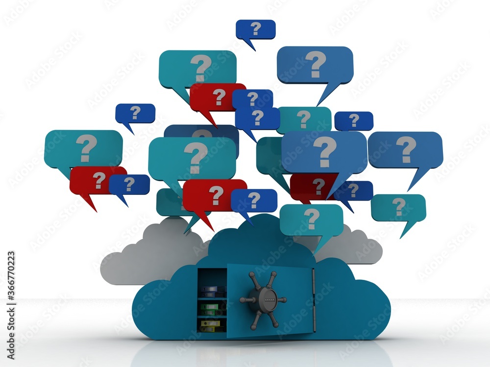 Poster 3d rendering cloud folder storage with question mark in speech bubble