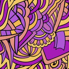 Vector colorful whimsical seamless pattern. Fancy meditative background. Boho, hippie, gypsy design. Zentangle style.