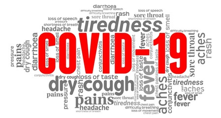 Covid-19 symptoms word cloud isolated on a white background