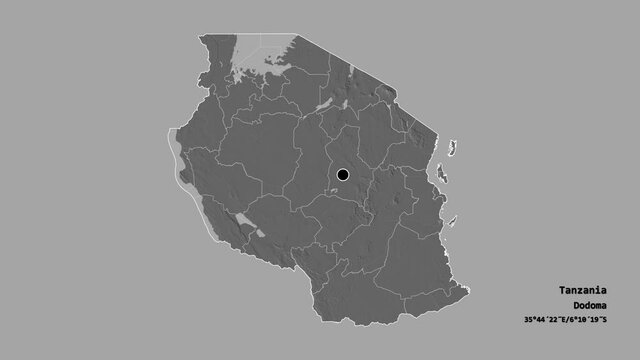 Arusha, region of Tanzania, with its capital, localized, outlined and zoomed with informative overlays on a bilevel map in the Stereographic projection. Animation 3D