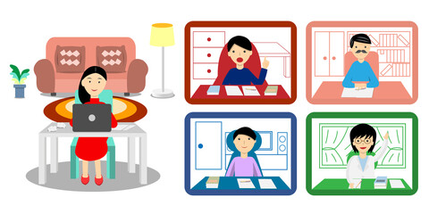 woman using notebook for video conference with workmates. All of them working from home vector.