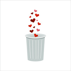 Hearts fall into the trash can. Vector illustration, flat cartoon color design, isolated on white background, eps 10.